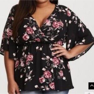 Torrid Black & Pink Floral Flowy Semi Sheer Top Size 4